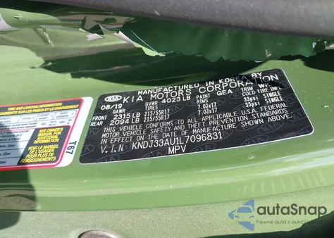 2020 Kia Soul Ex z USA, uszkodzony, nr VIN KNDJ33AU1L7096831